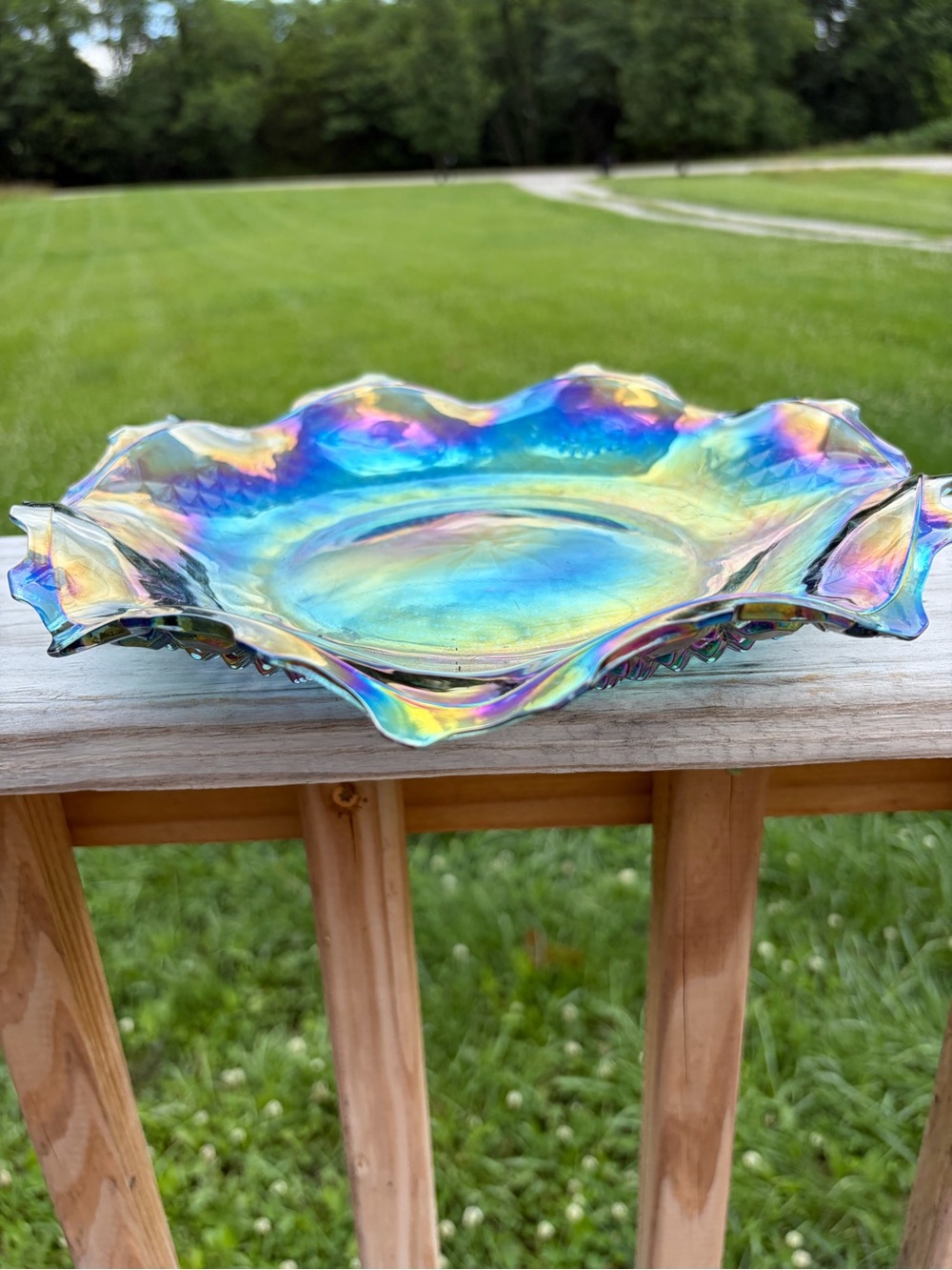 Blue Iridescent Diamond Cut Carnival Glass 10" Bowl Plate Dish Vintage Victorian - Picture 2 of 7